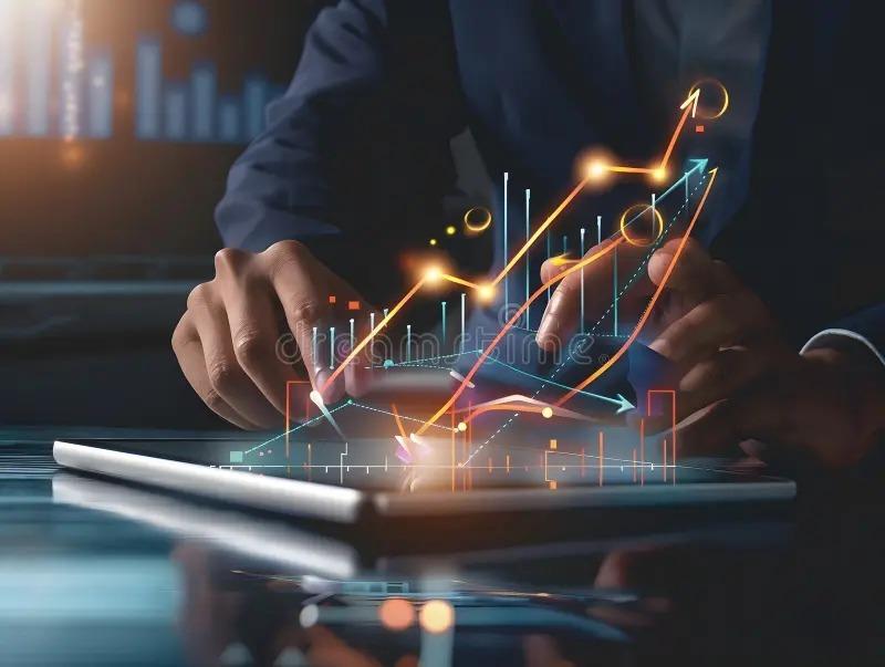 Business owners reviewing financial growth data on a tablet